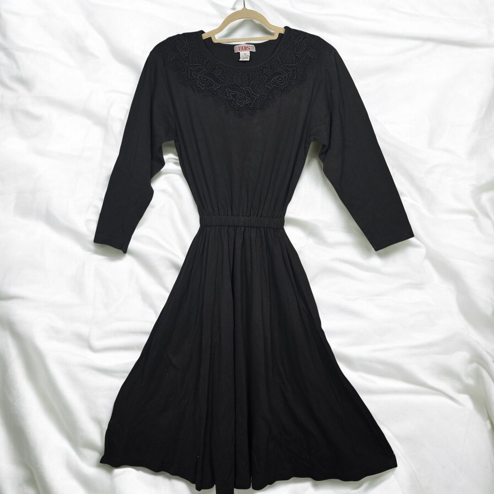 VTG FADS Black Dress Small Long Sleeve Lace Detail Elastic‎ Waist Cotton Blend